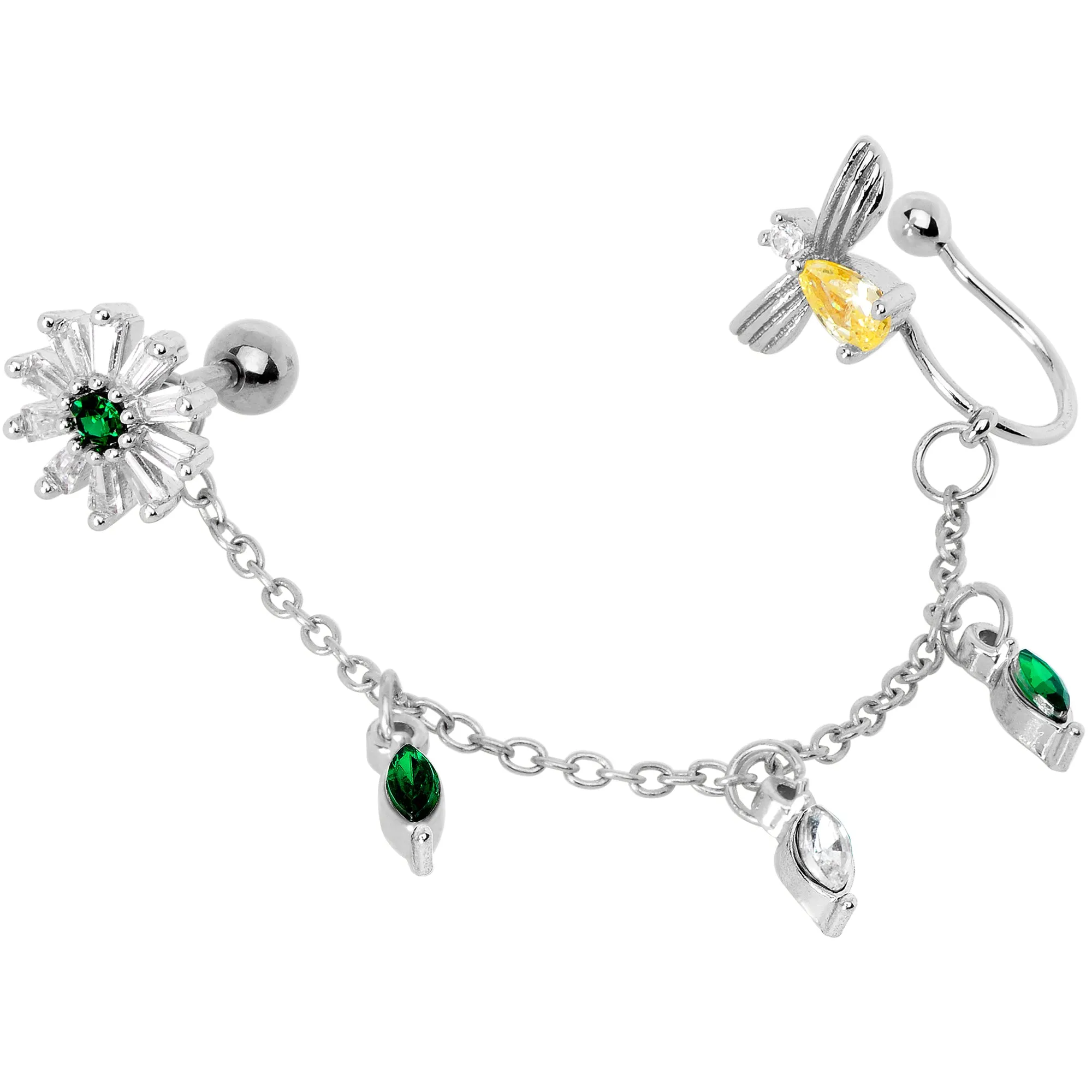 16 Gauge 1/4 Yellow Green Gem Angel Cuff Chain Left Cartilage Tragus