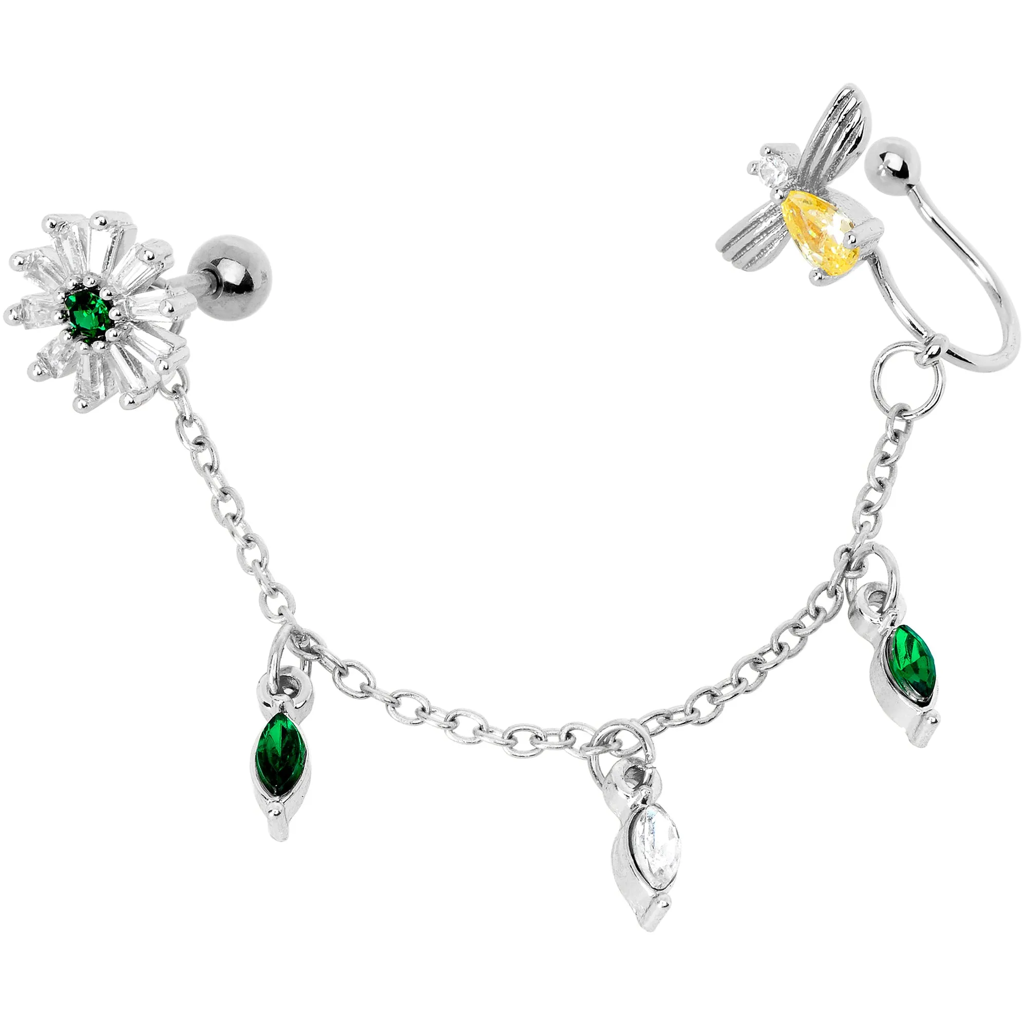16 Gauge 1/4 Yellow Green Gem Angel Cuff Chain Left Cartilage Tragus