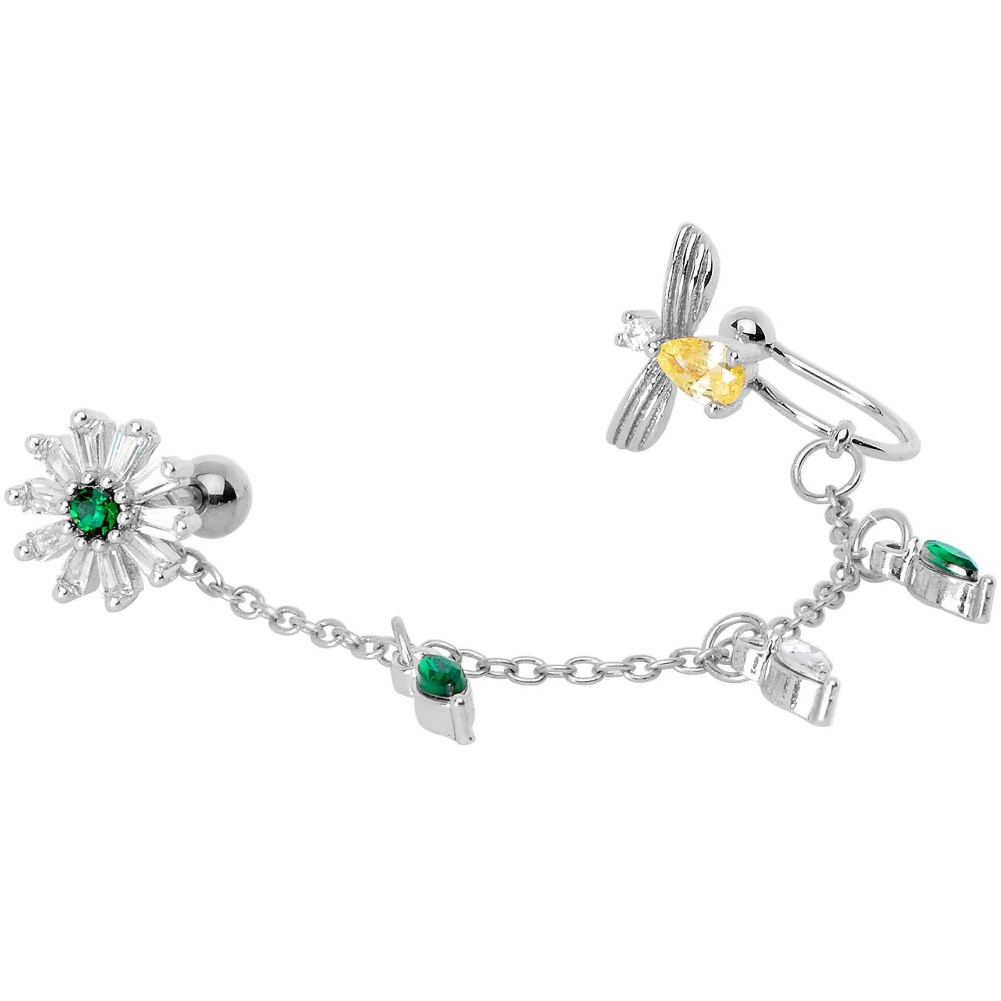 16 Gauge 1/4 Yellow Green Gem Angel Cuff Chain Left Cartilage Tragus