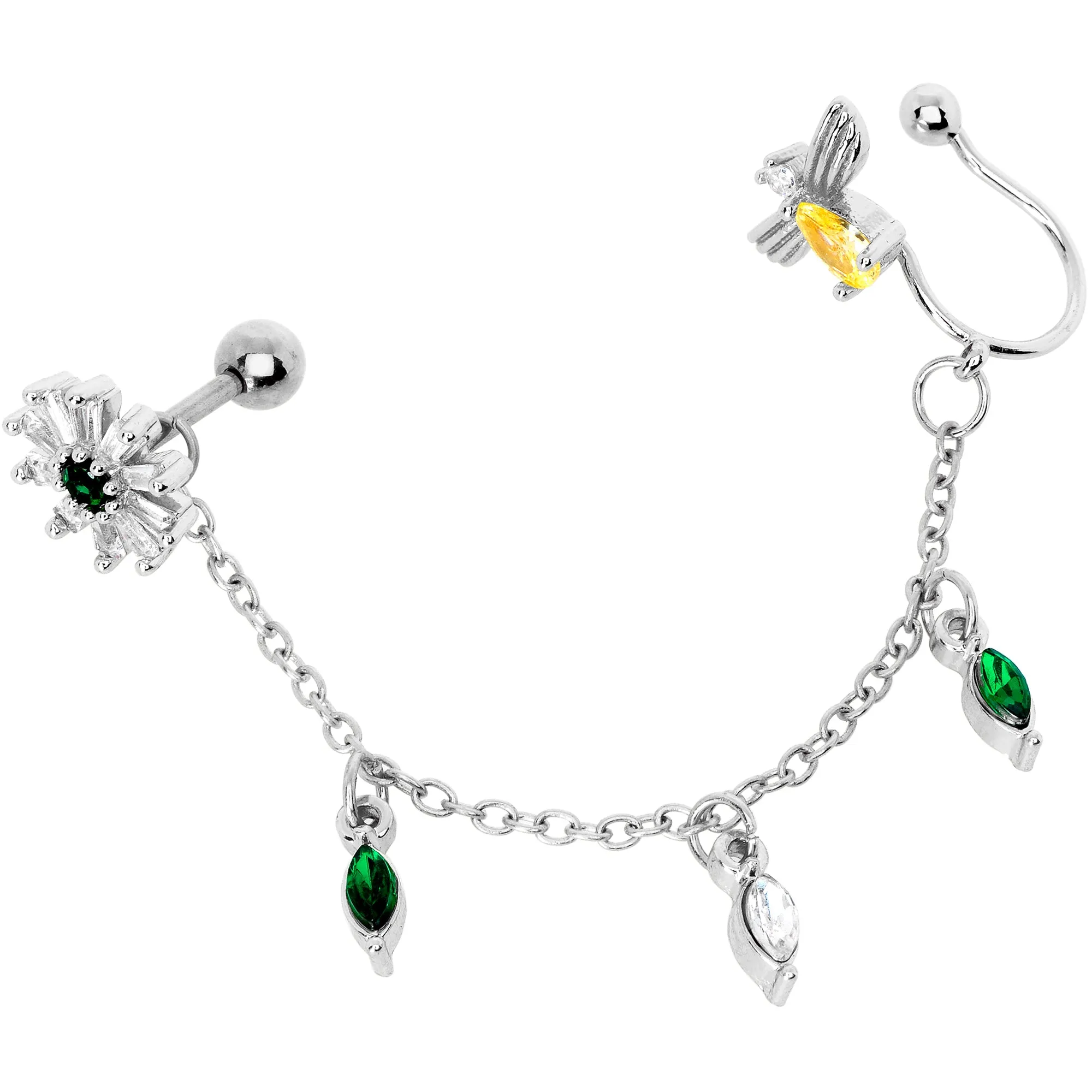16 Gauge 1/4 Yellow Green Gem Angel Cuff Chain Left Cartilage Tragus