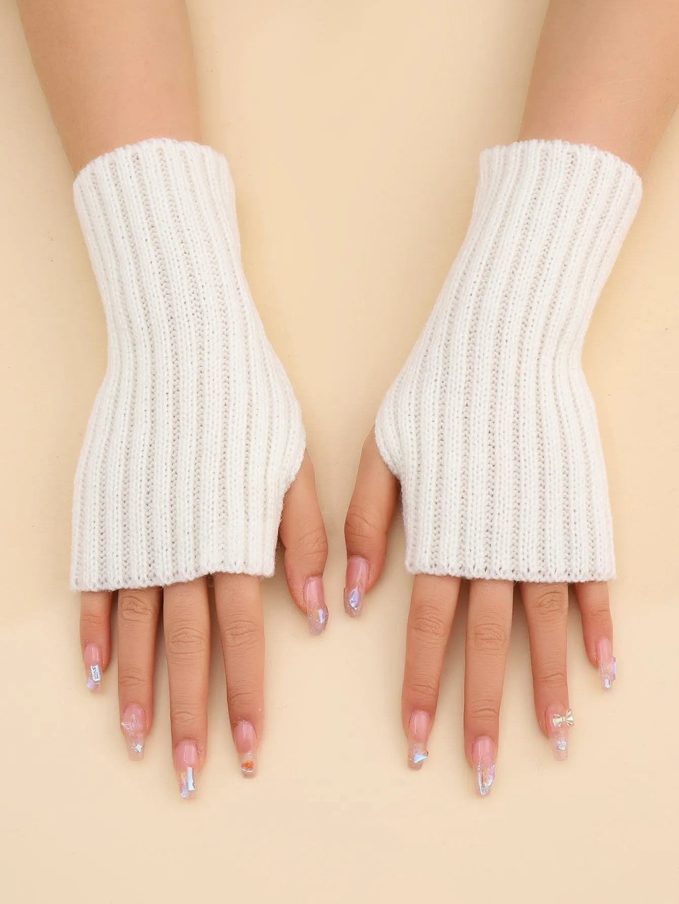 1pair Ribbed Knit Half Finger Gloves - White