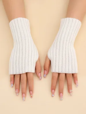 1pair Ribbed Knit Half Finger Gloves - White