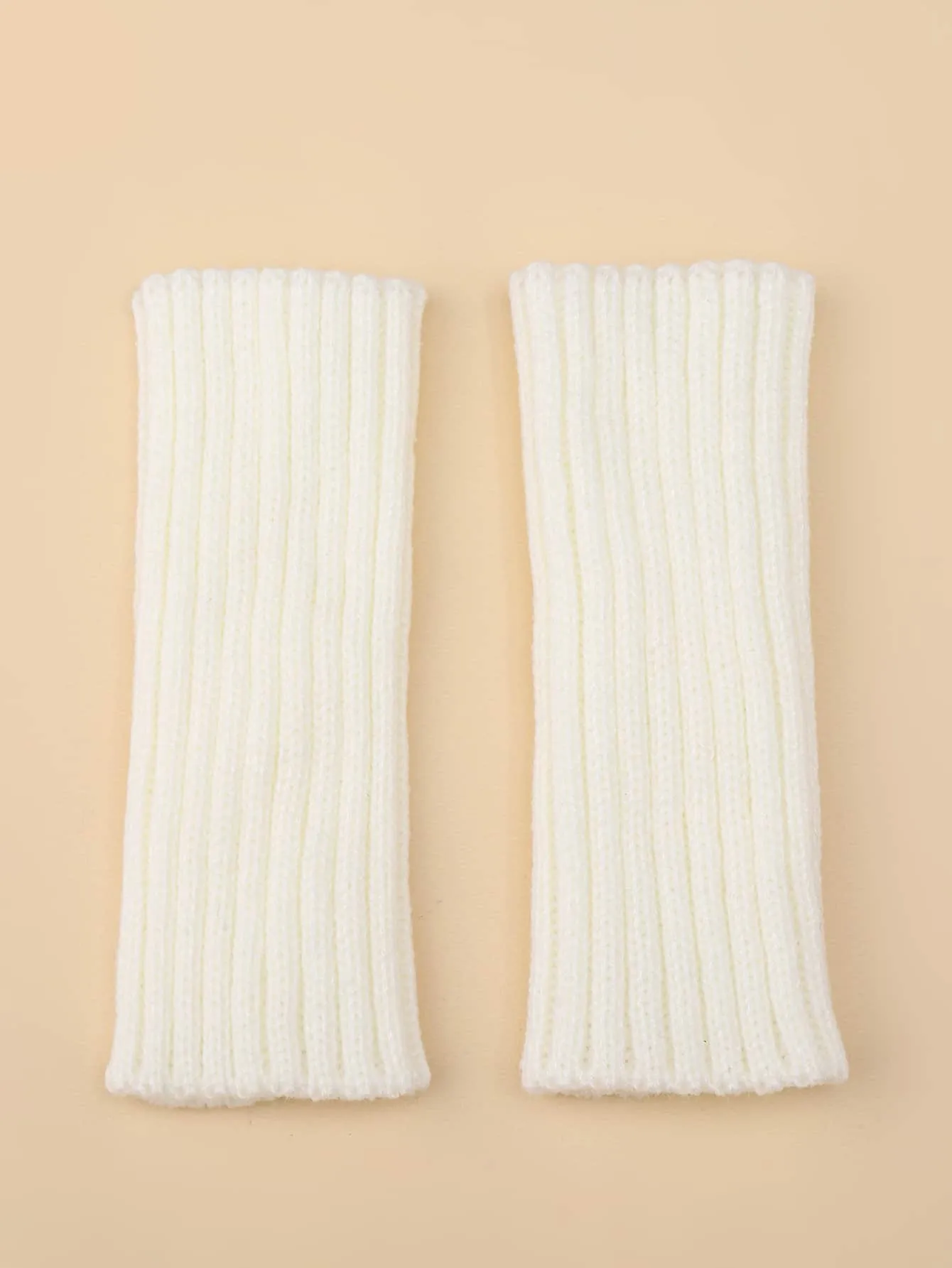 1pair Ribbed Knit Half Finger Gloves - White