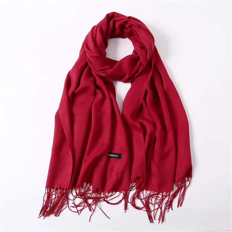 1pc Fashion Solid Color Women Scarf Winter Hijabs Tessale Tassels Long Lady Shawls Cashmere Like Pashmina Hijabs Scarves Wraps