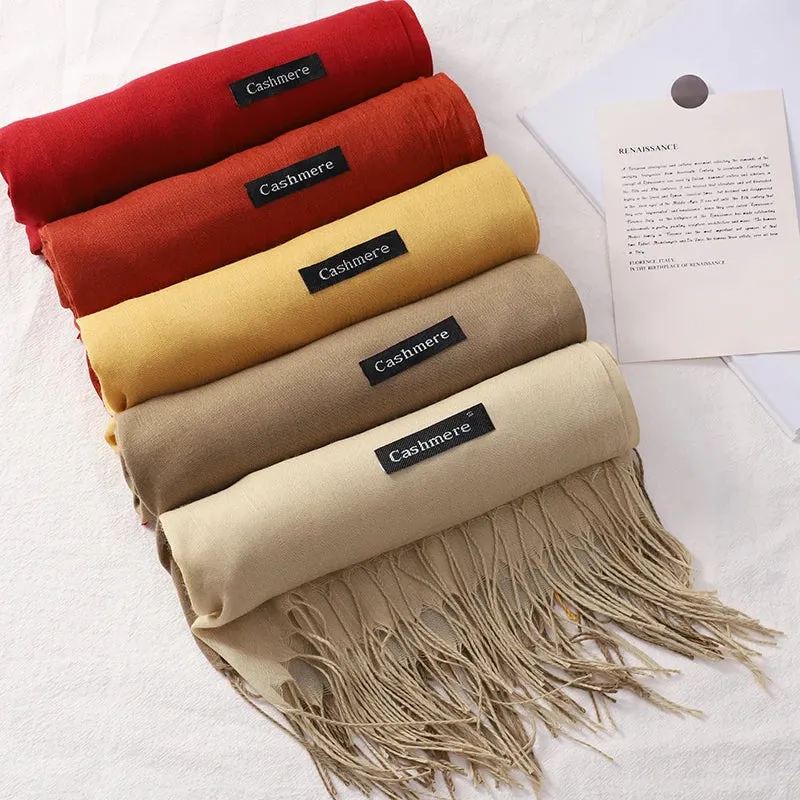 1pc Fashion Solid Color Women Scarf Winter Hijabs Tessale Tassels Long Lady Shawls Cashmere Like Pashmina Hijabs Scarves Wraps