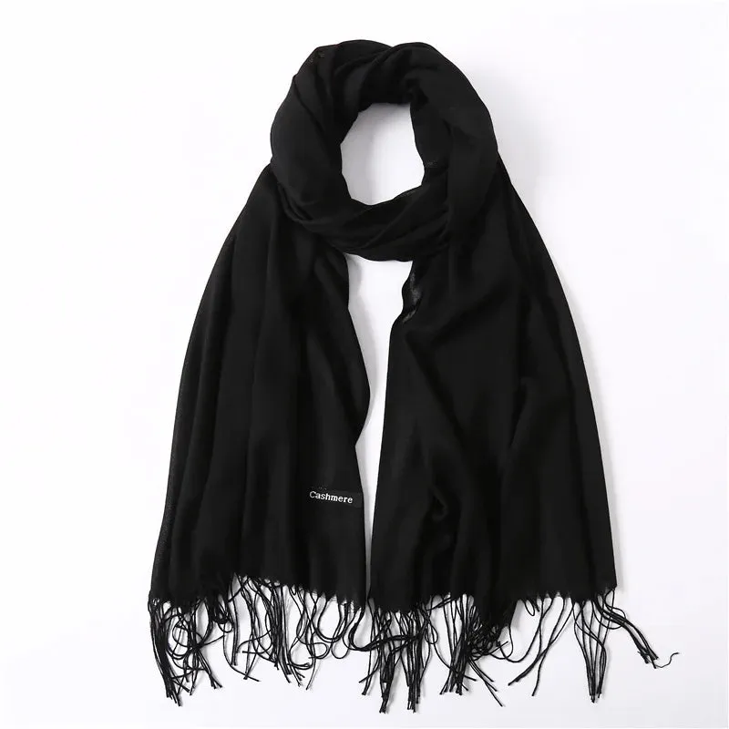 1pc Fashion Solid Color Women Scarf Winter Hijabs Tessale Tassels Long Lady Shawls Cashmere Like Pashmina Hijabs Scarves Wraps