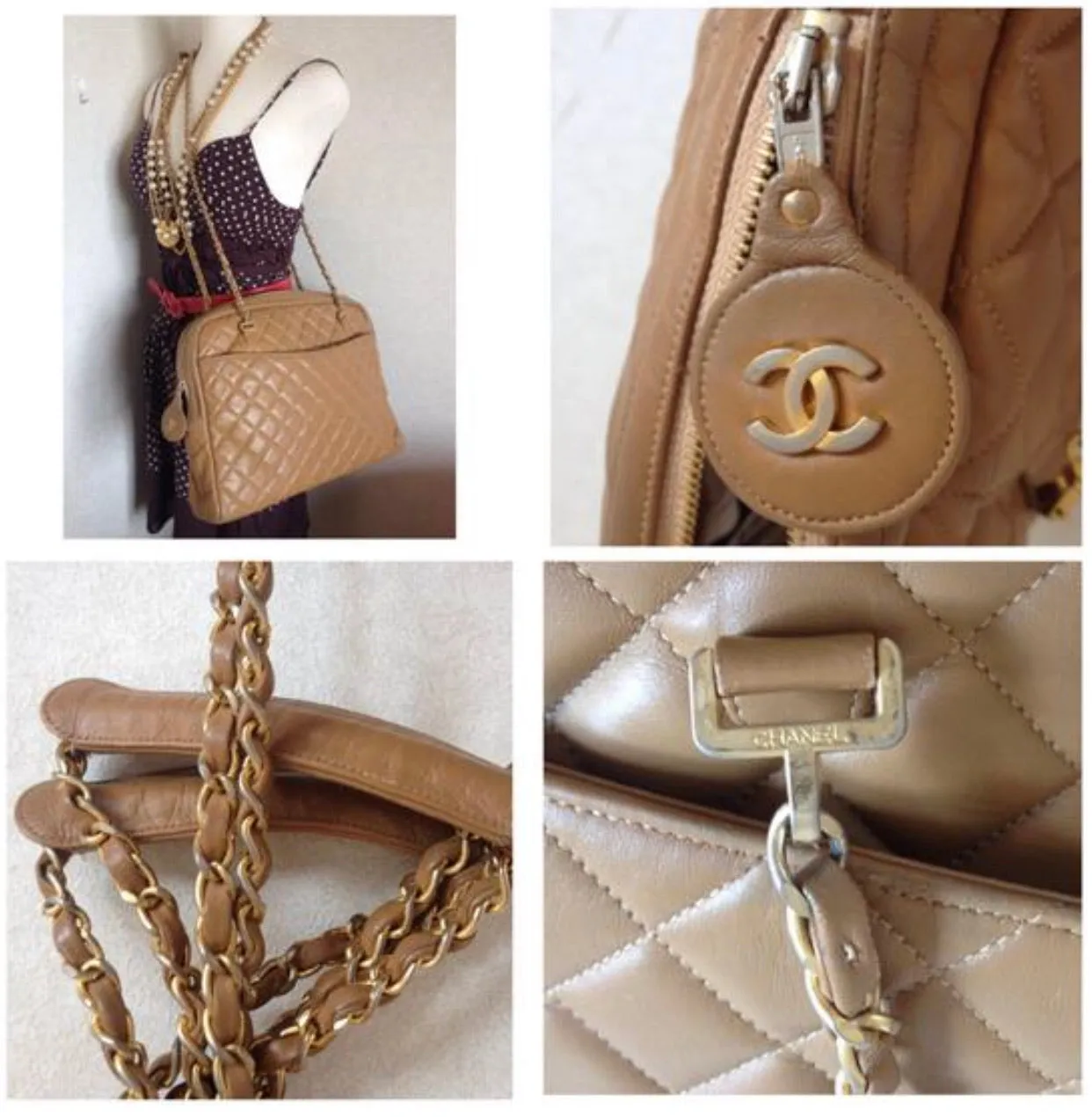 80's Vintage CHANEL brown lambskin large classic bag with double golden chain strap and a CC pull charm.