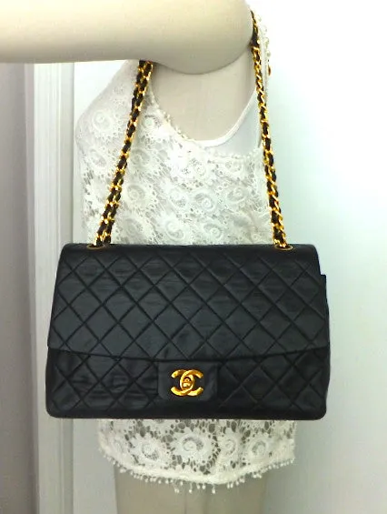Authentic Chanel Vintage Large Black Quilted Flapover