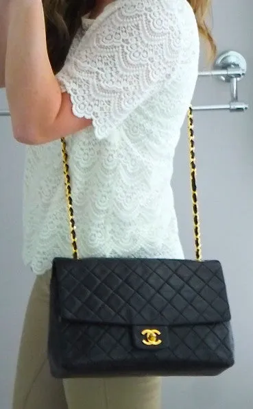Authentic Chanel Vintage Large Black Quilted Flapover