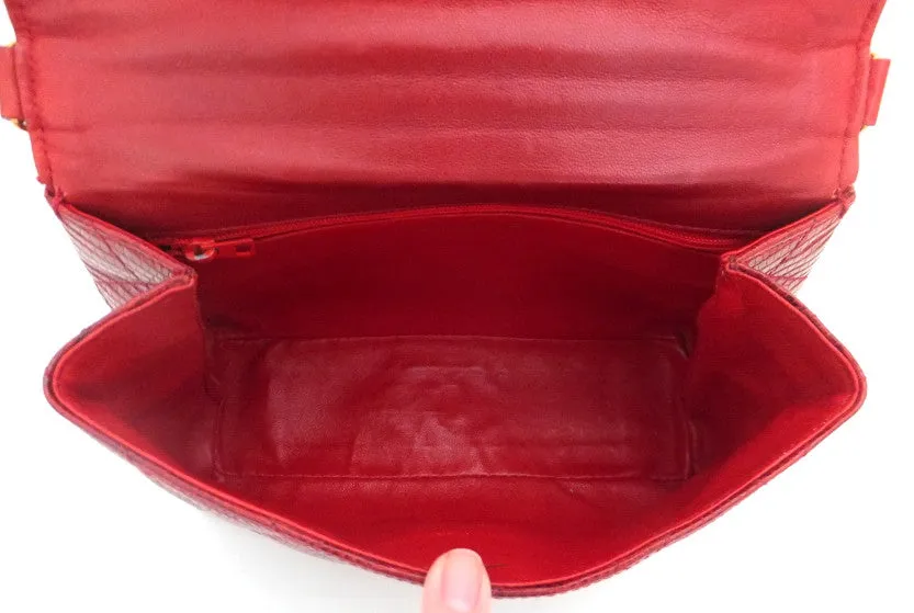 Authentic Chanel Vintage Red Rare Lizard Thick Jewelry Chain Flapover
