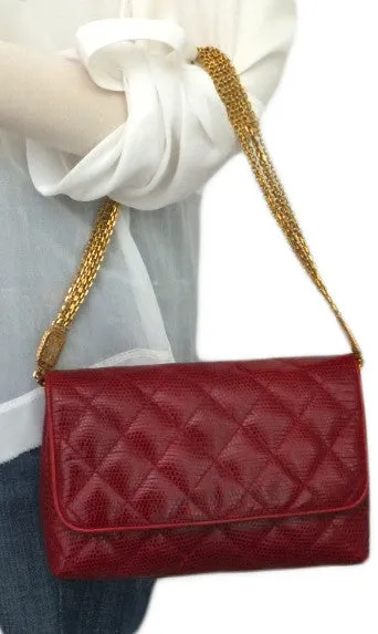 Authentic Chanel Vintage Red Rare Lizard Thick Jewelry Chain Flapover