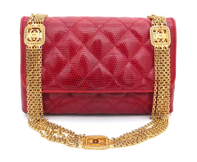 Authentic Chanel Vintage Red Rare Lizard Thick Jewelry Chain Flapover