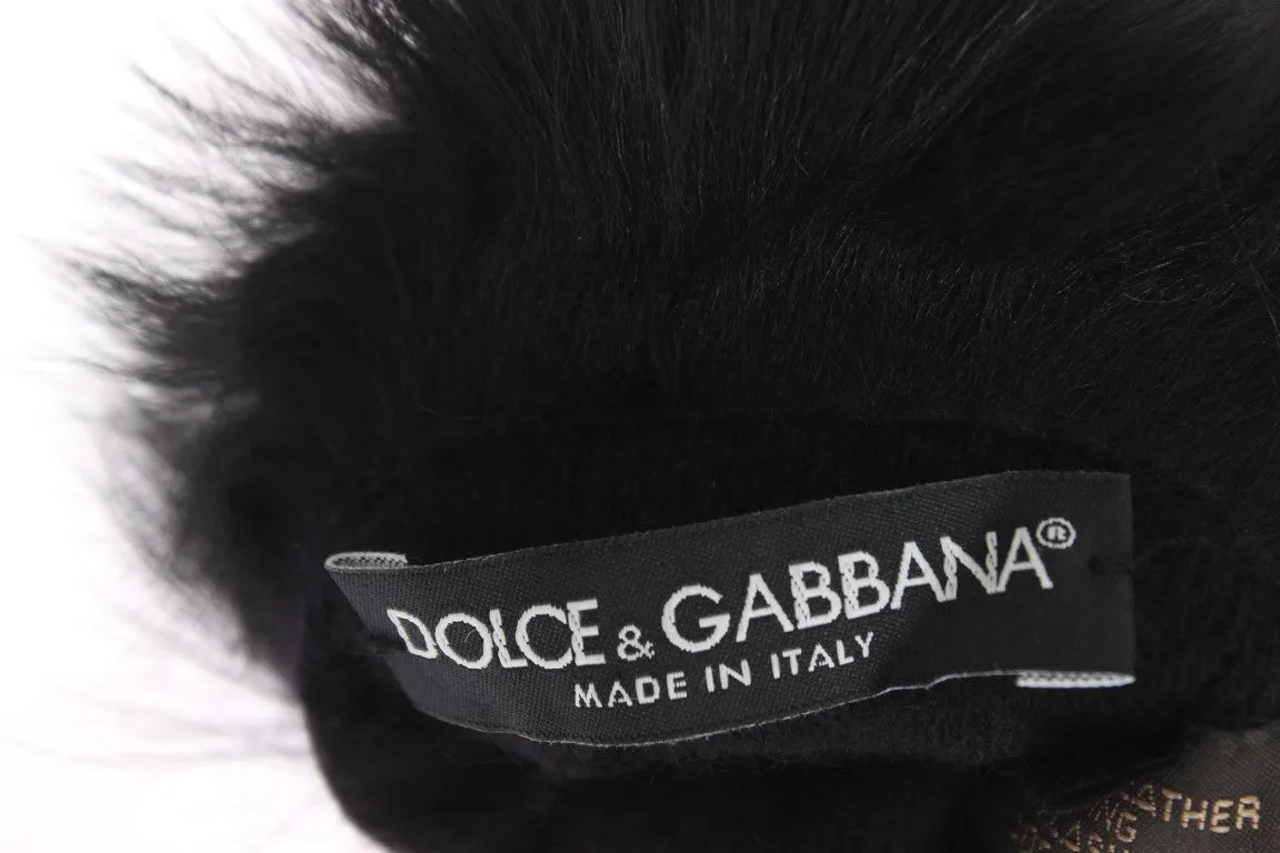 Black Leather Floral Ricamo Fur Elbow Gloves