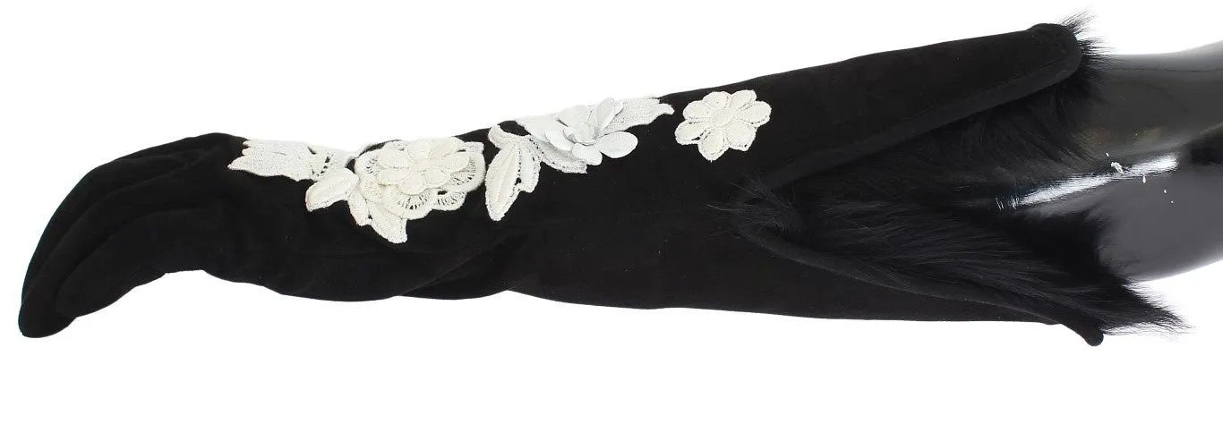 Black Leather Floral Ricamo Fur Elbow Gloves