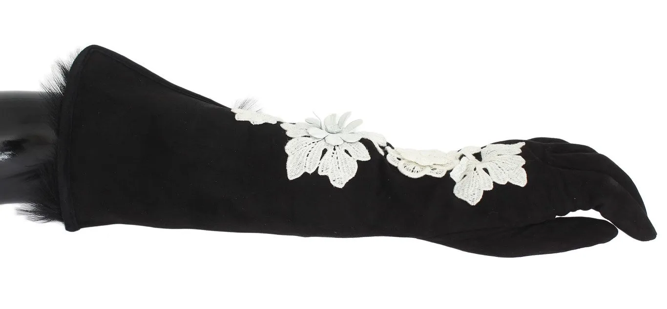 Black Leather Floral Ricamo Fur Elbow Gloves
