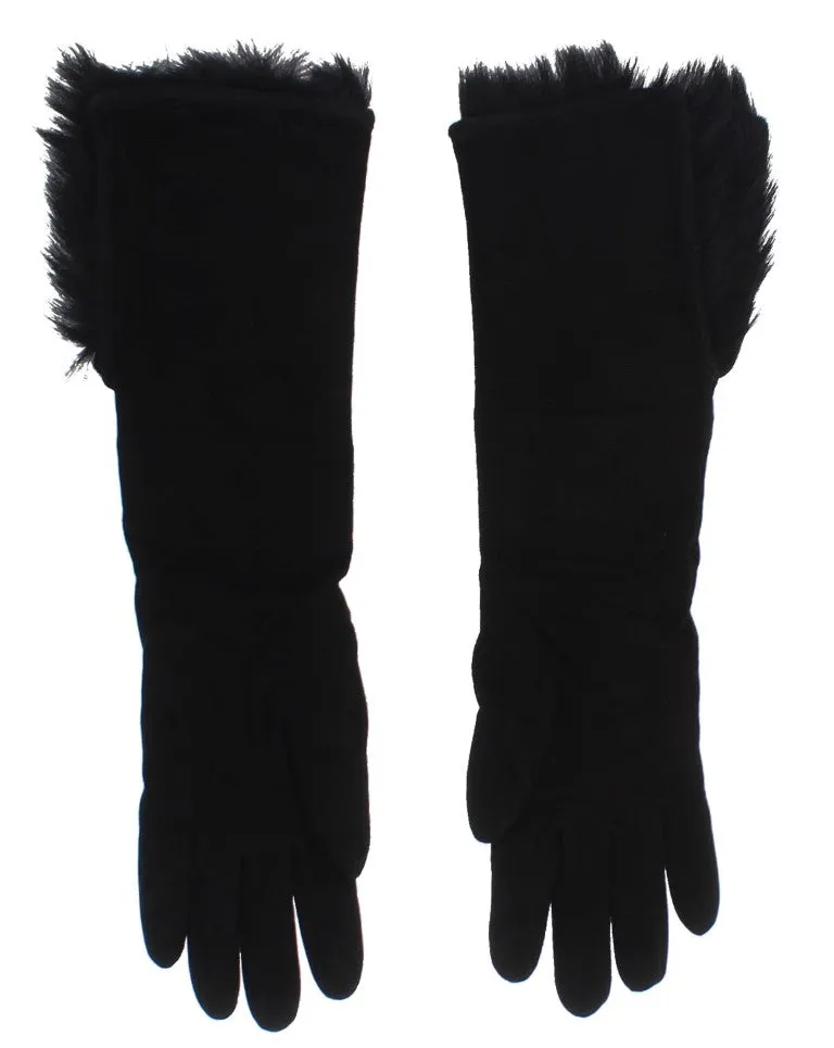 Black Leather Floral Ricamo Fur Elbow Gloves