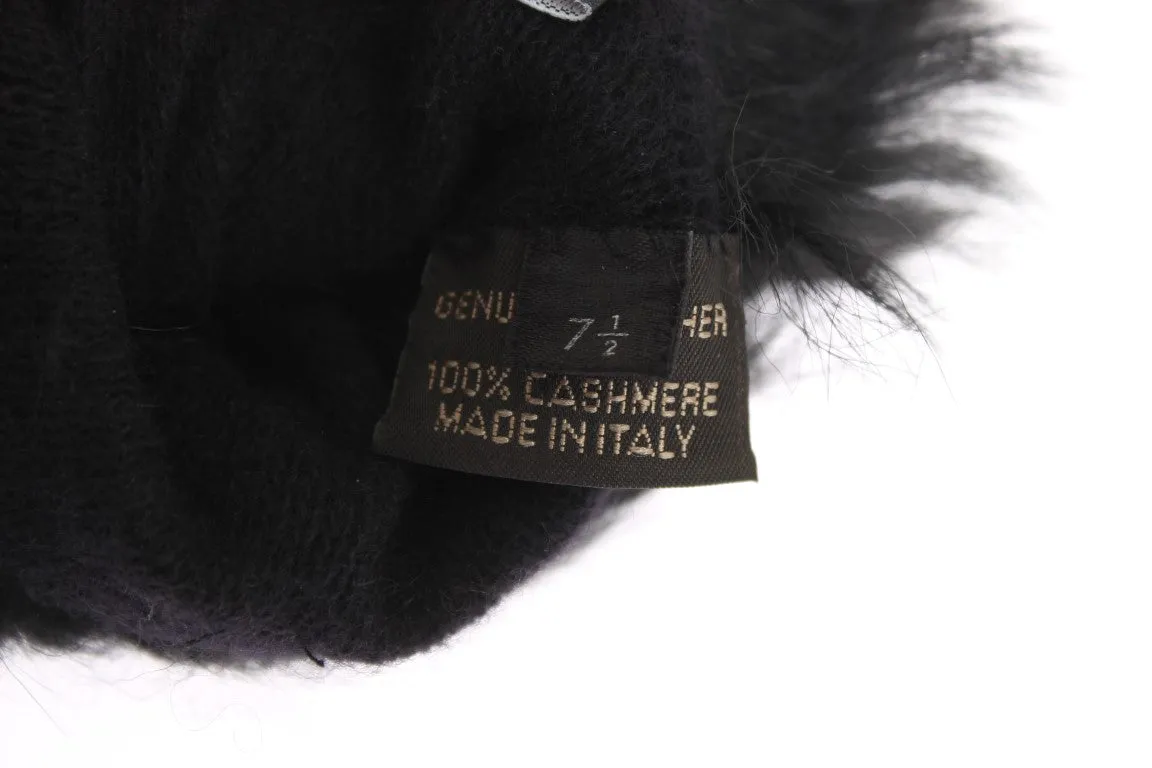 Black Leather Floral Ricamo Fur Elbow Gloves