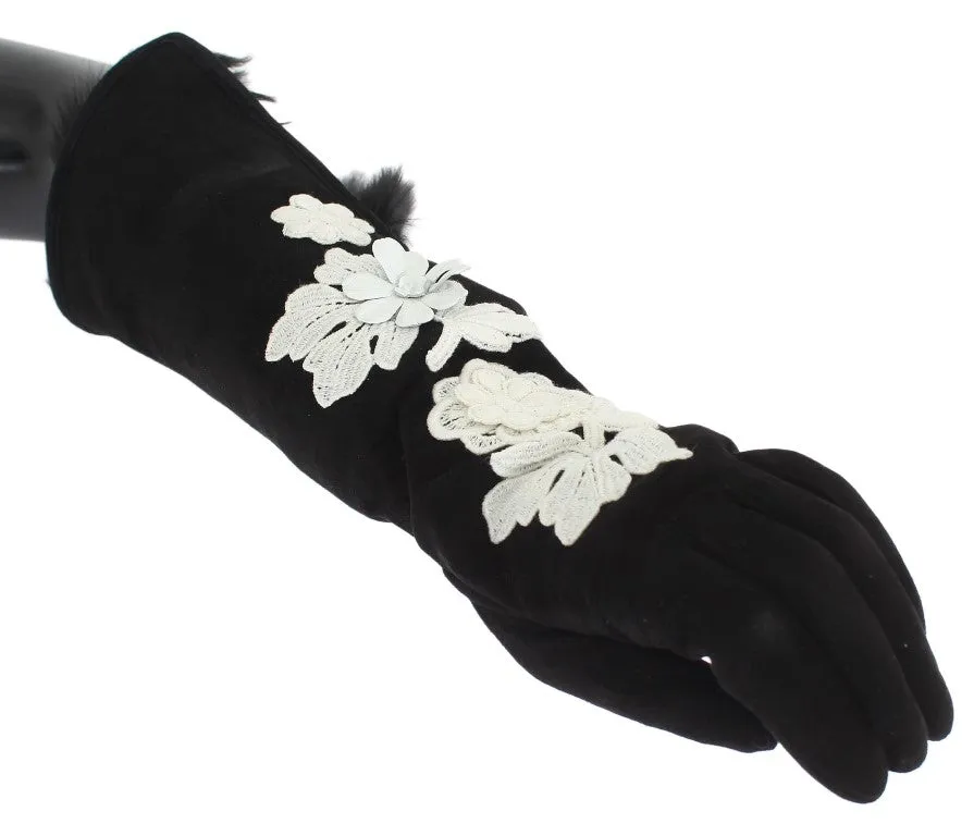 Black Leather Floral Ricamo Fur Elbow Gloves
