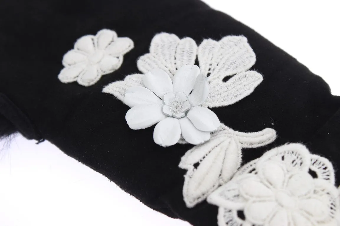 Black Leather Floral Ricamo Fur Elbow Gloves