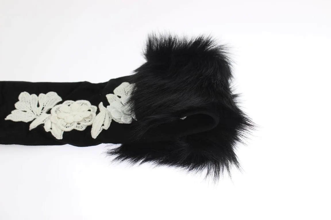 Black Leather Floral Ricamo Fur Elbow Gloves