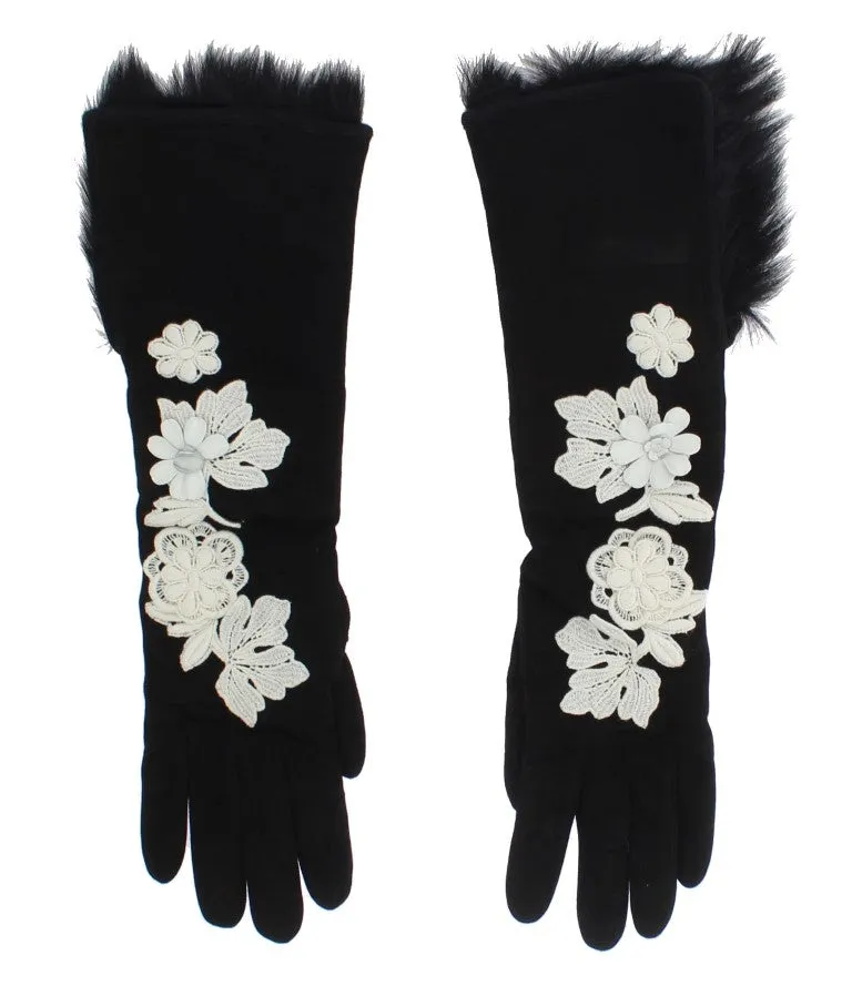 Black Leather Floral Ricamo Fur Elbow Gloves
