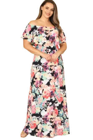 Black Multi Off Shoulder Printed Maxi Dress - Pack of 6