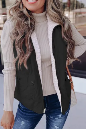 Black Pink Fleece Lined Quilted Vest Jacket