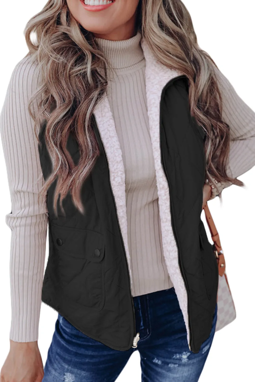Black Pink Fleece Lined Quilted Vest Jacket