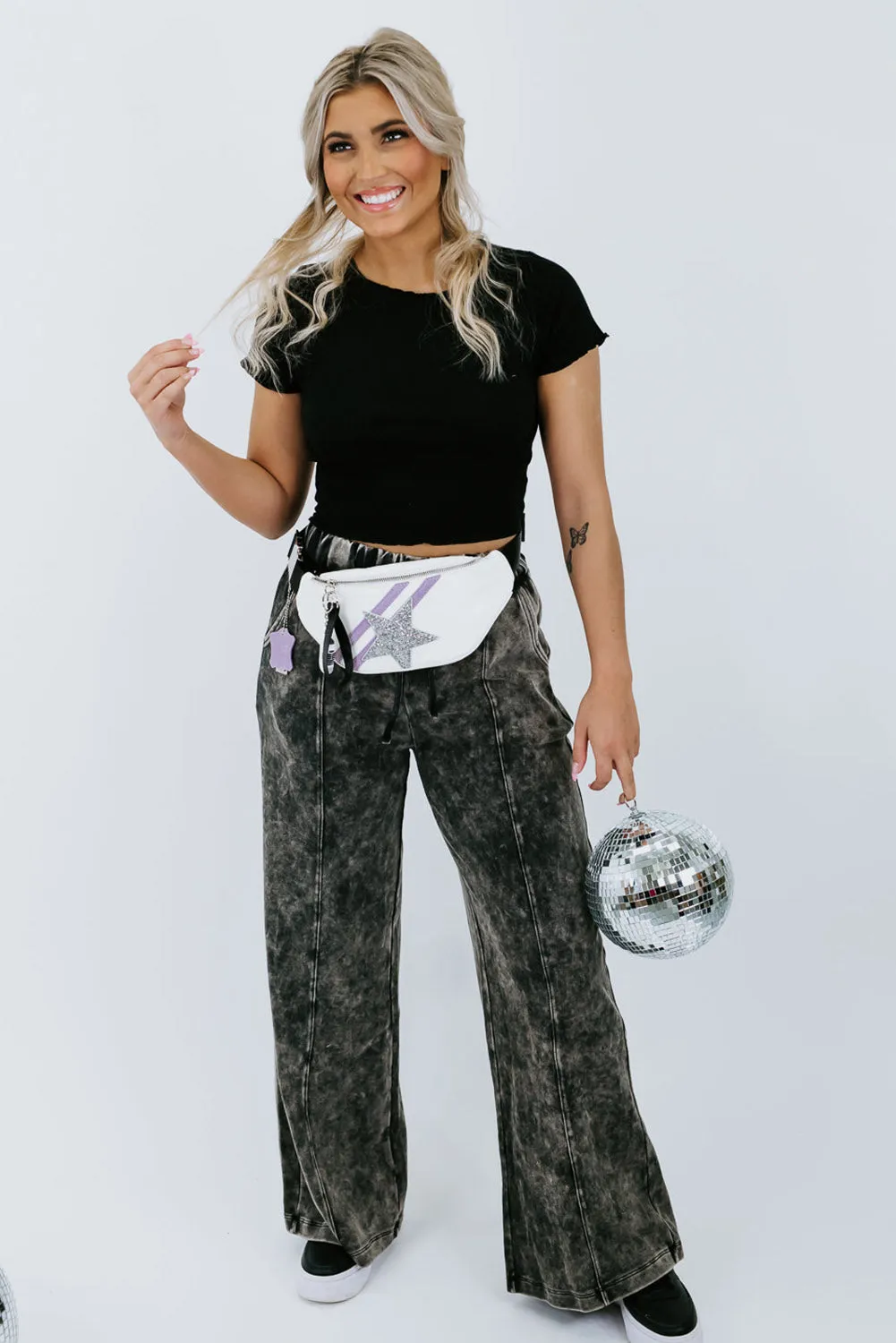 Black Plus Size Tie-Dye Drawstring Splicing Wide-Leg Jeans
