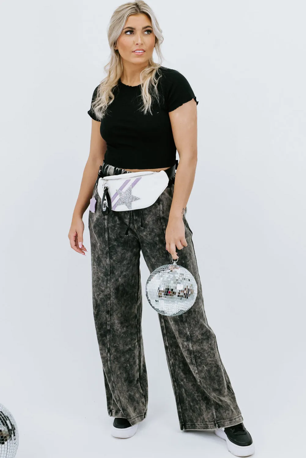 Black Plus Size Tie-Dye Drawstring Splicing Wide-Leg Jeans