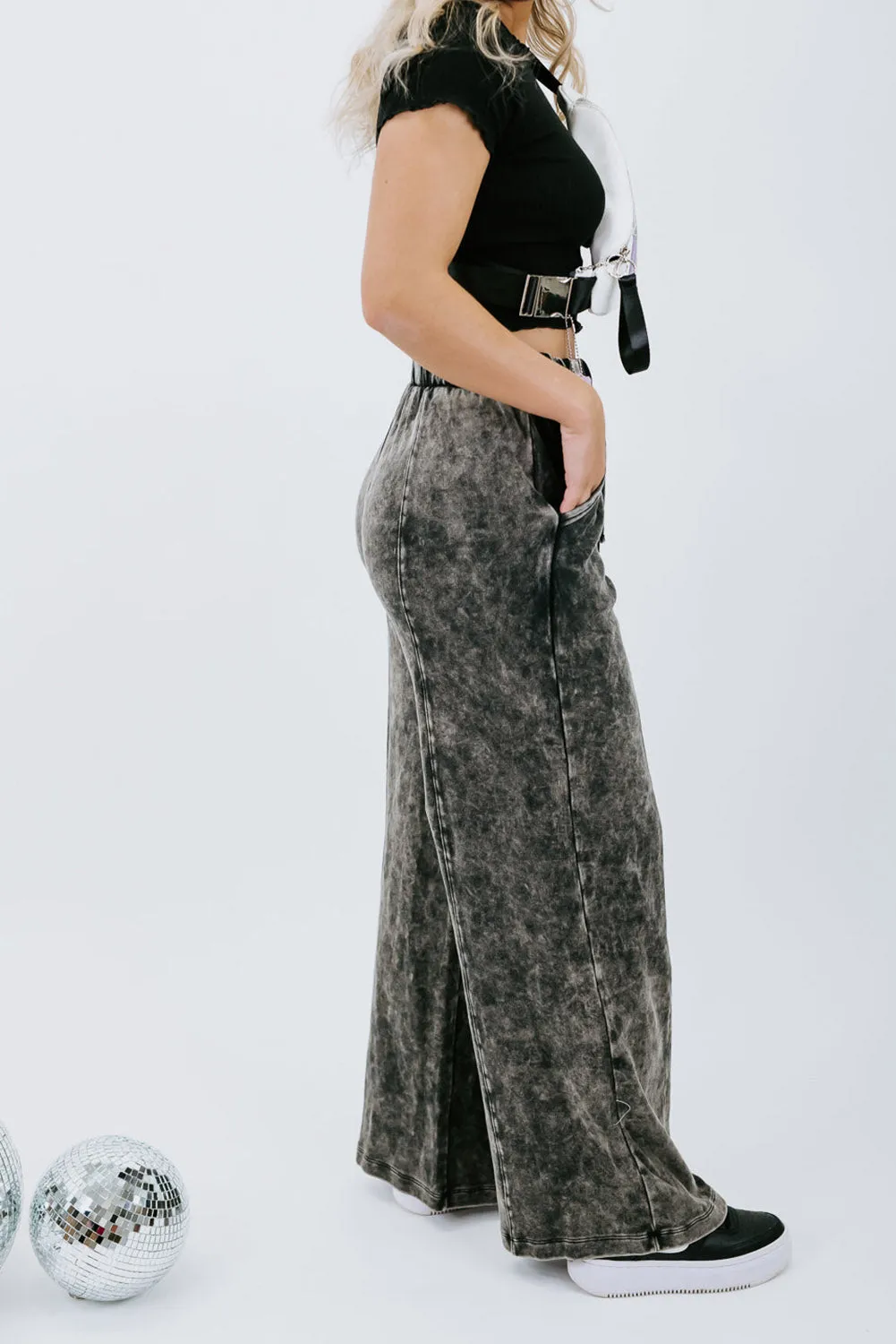 Black Plus Size Tie-Dye Drawstring Splicing Wide-Leg Jeans