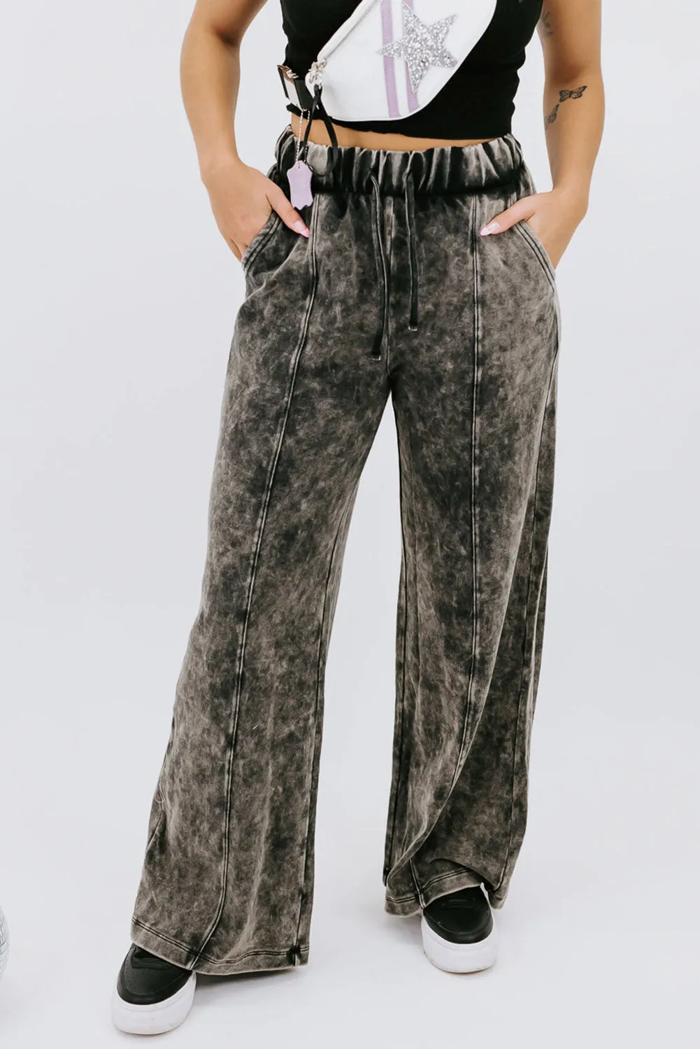 Black Plus Size Tie-Dye Drawstring Splicing Wide-Leg Jeans
