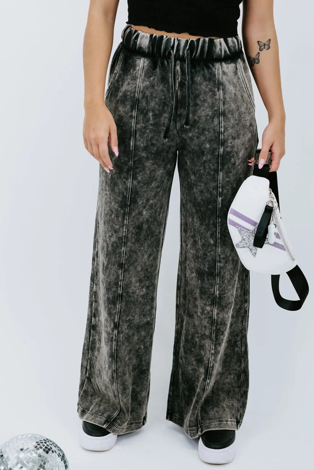 Black Plus Size Tie-Dye Drawstring Splicing Wide-Leg Jeans