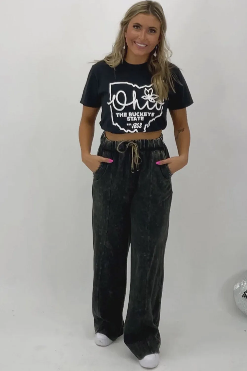 Black Plus Size Tie-Dye Drawstring Splicing Wide-Leg Jeans