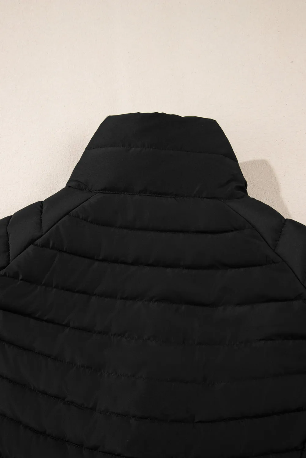 Black Plush Collared Quilted Zipped Puffer Vest