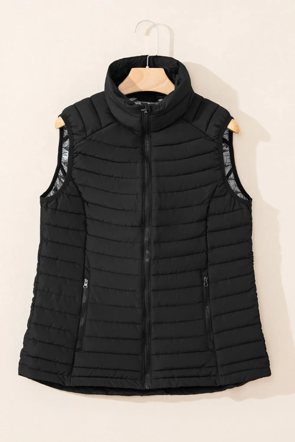 Black Plush Collared Quilted Zipped Puffer Vest