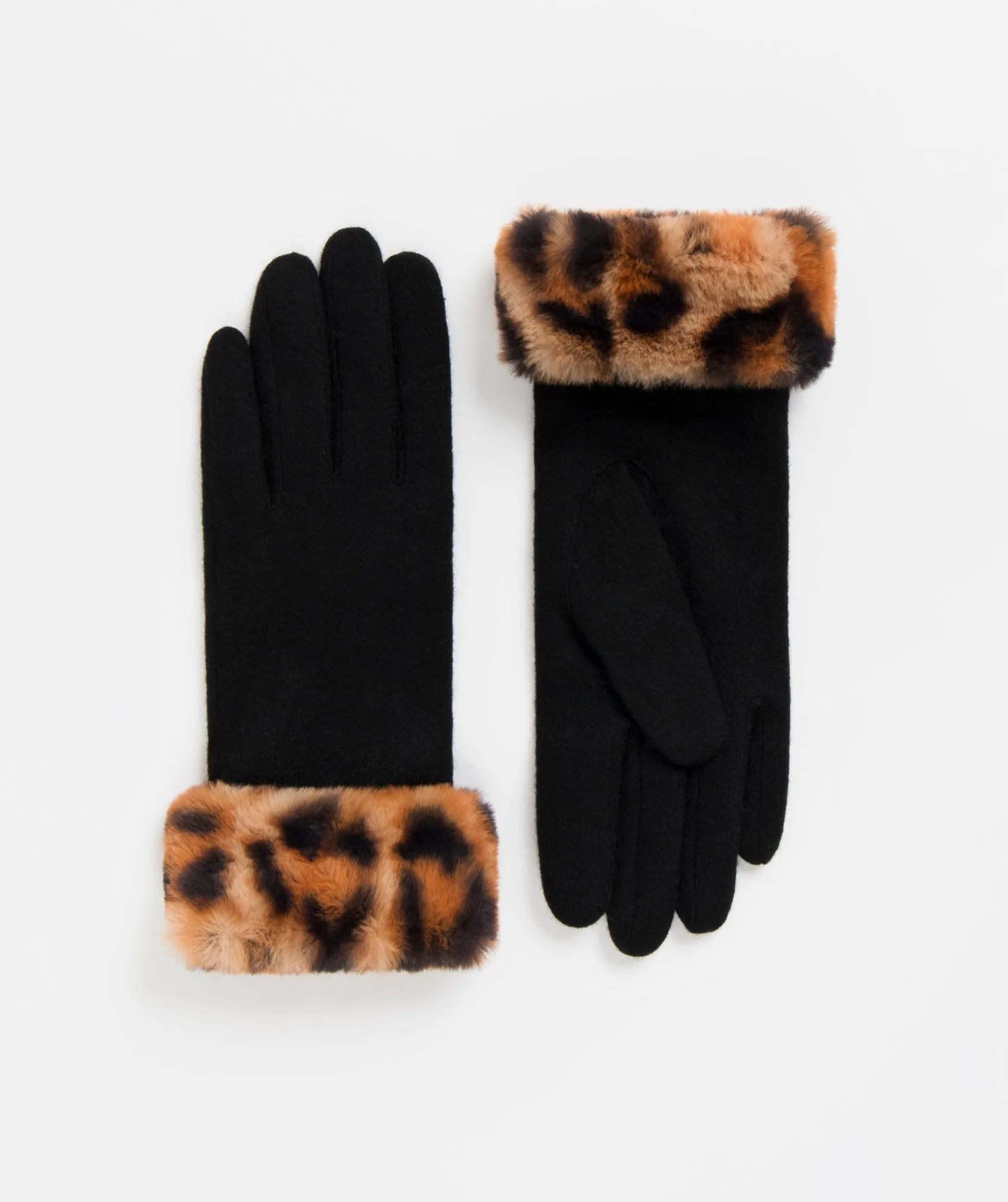 Black Wool Gloves with Leopard Faux Fur Cuffs