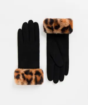 Black Wool Gloves with Leopard Faux Fur Cuffs
