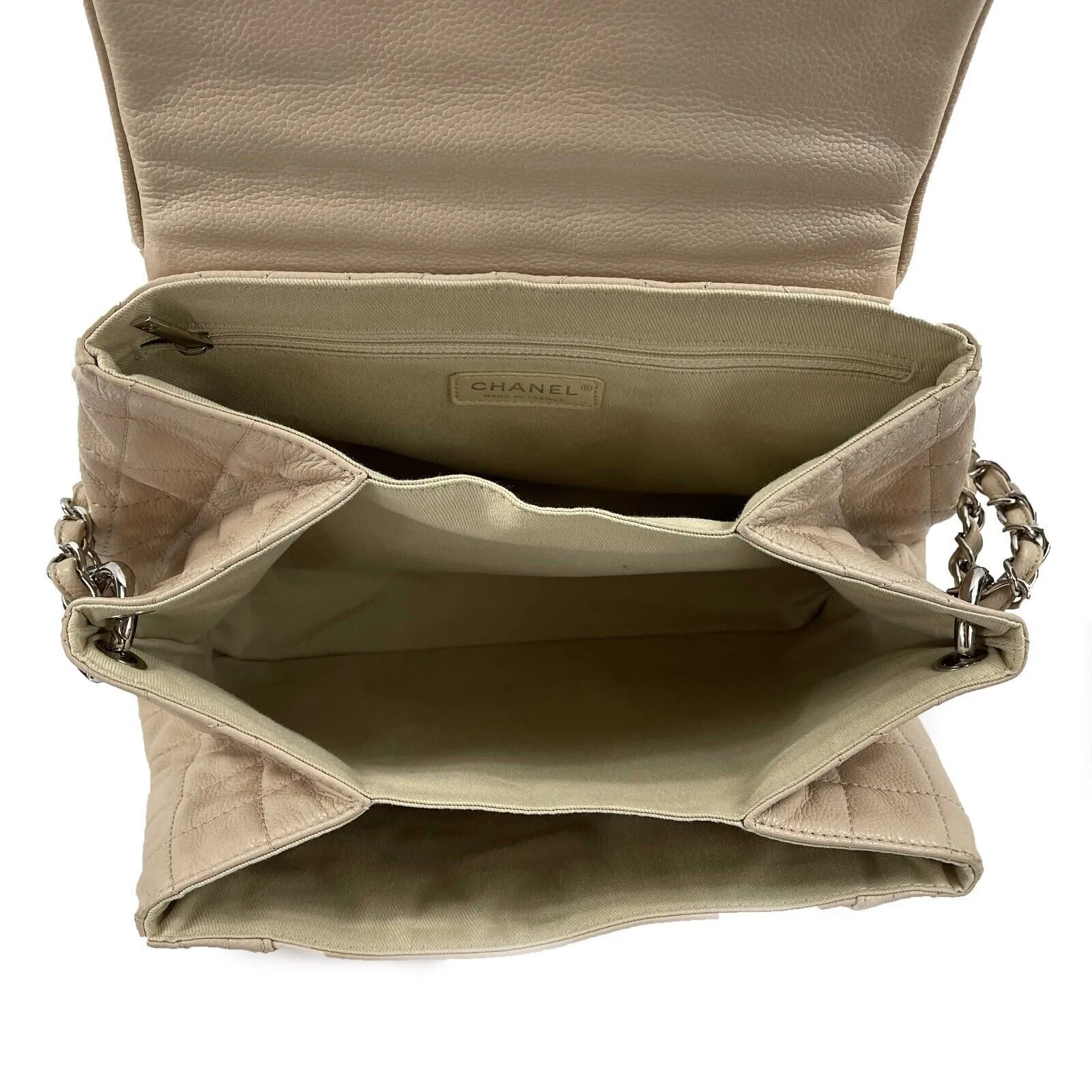 CHANEL - Beige Quilted Large / Jumbo Caviar Leather Accordion Flap Shoulder Bag