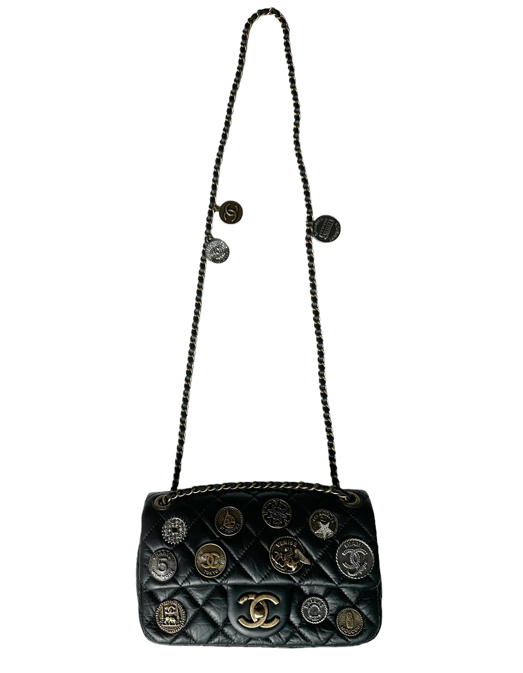 Chanel Black Calfskin Leather Quilted World Coin Charm Flap Bag
