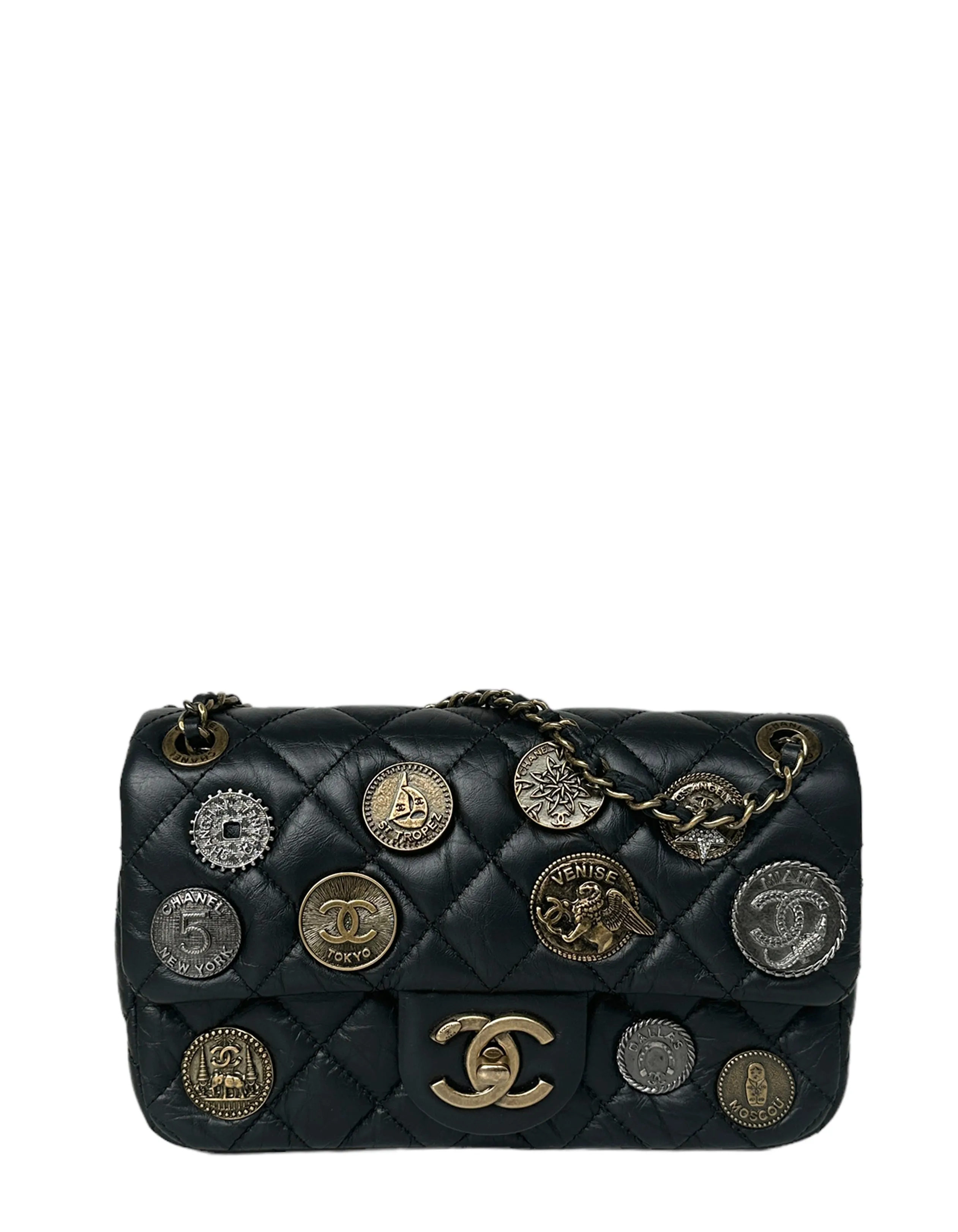 Chanel Black Calfskin Leather Quilted World Coin Charm Flap Bag