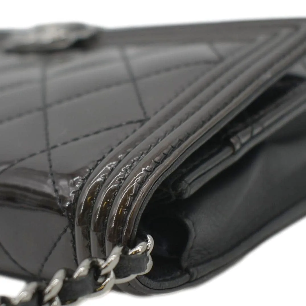 CHANEL Boy WOC Quilted Patent Leather Wallet On Chain Shoulder Bag Black