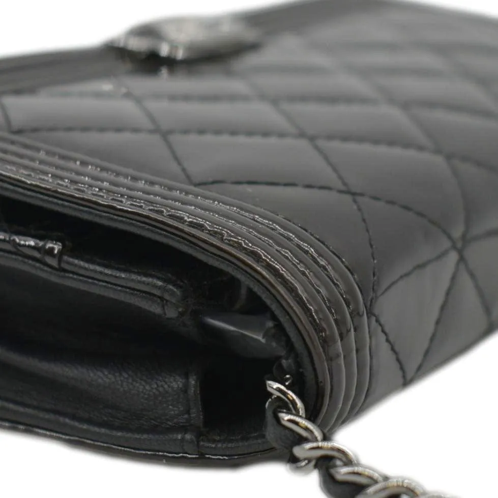 CHANEL Boy WOC Quilted Patent Leather Wallet On Chain Shoulder Bag Black