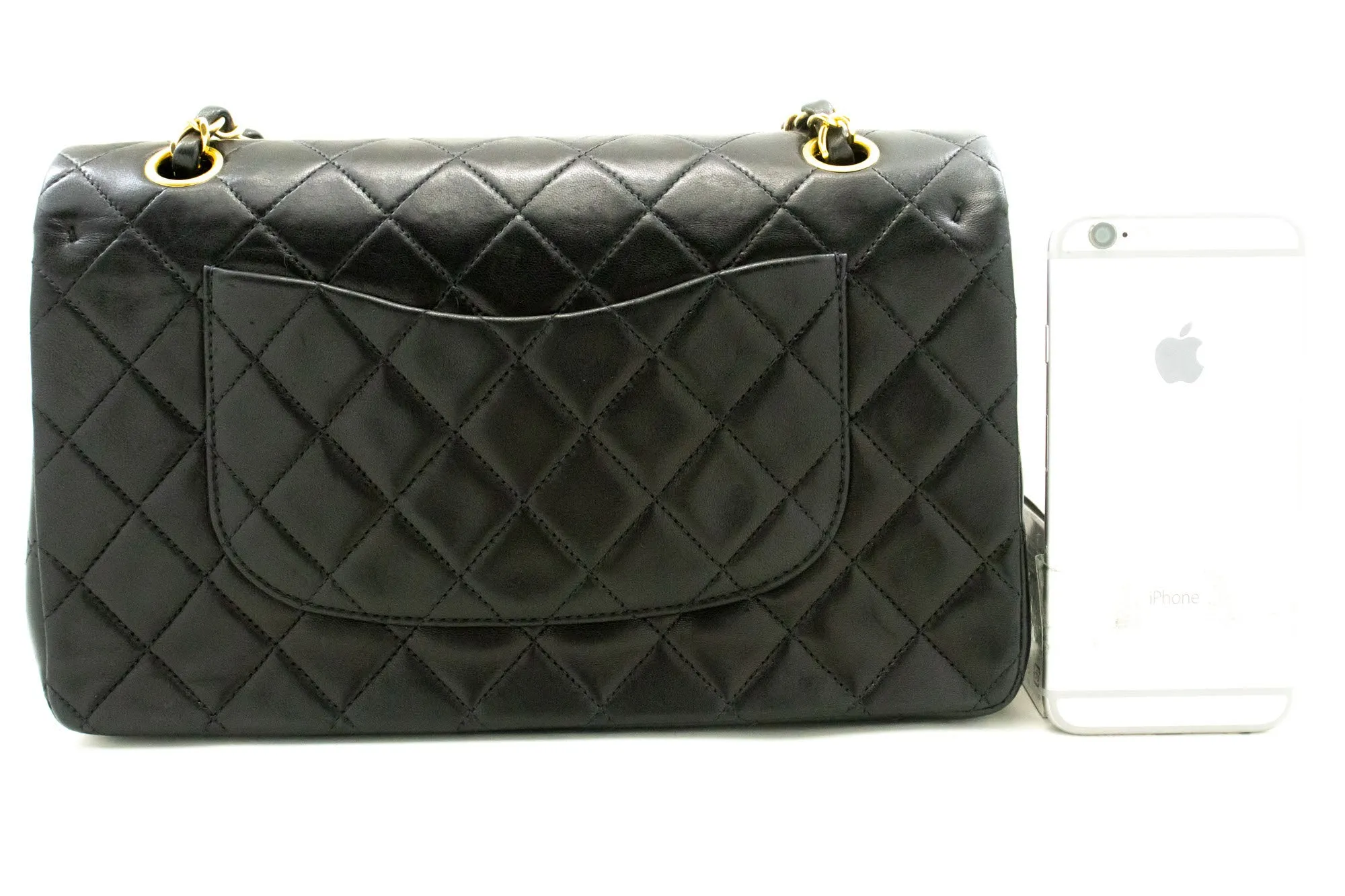 CHANEL Classic Double Flap 10" Chain Shoulder Bag Black Lambskin p36