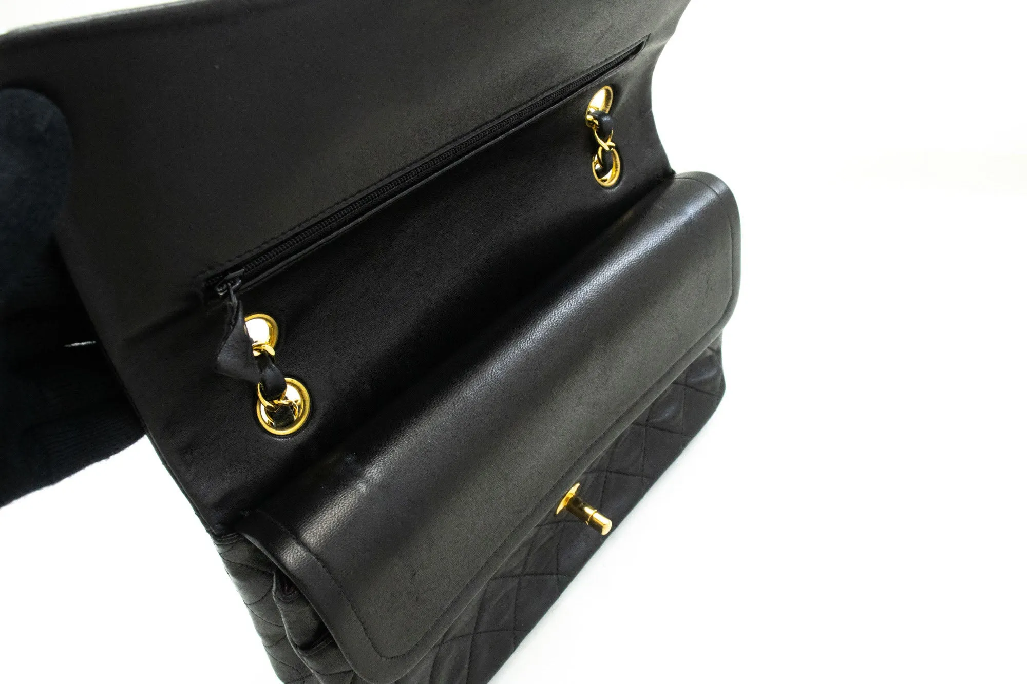 CHANEL Classic Double Flap 10" Chain Shoulder Bag Black Lambskin p36
