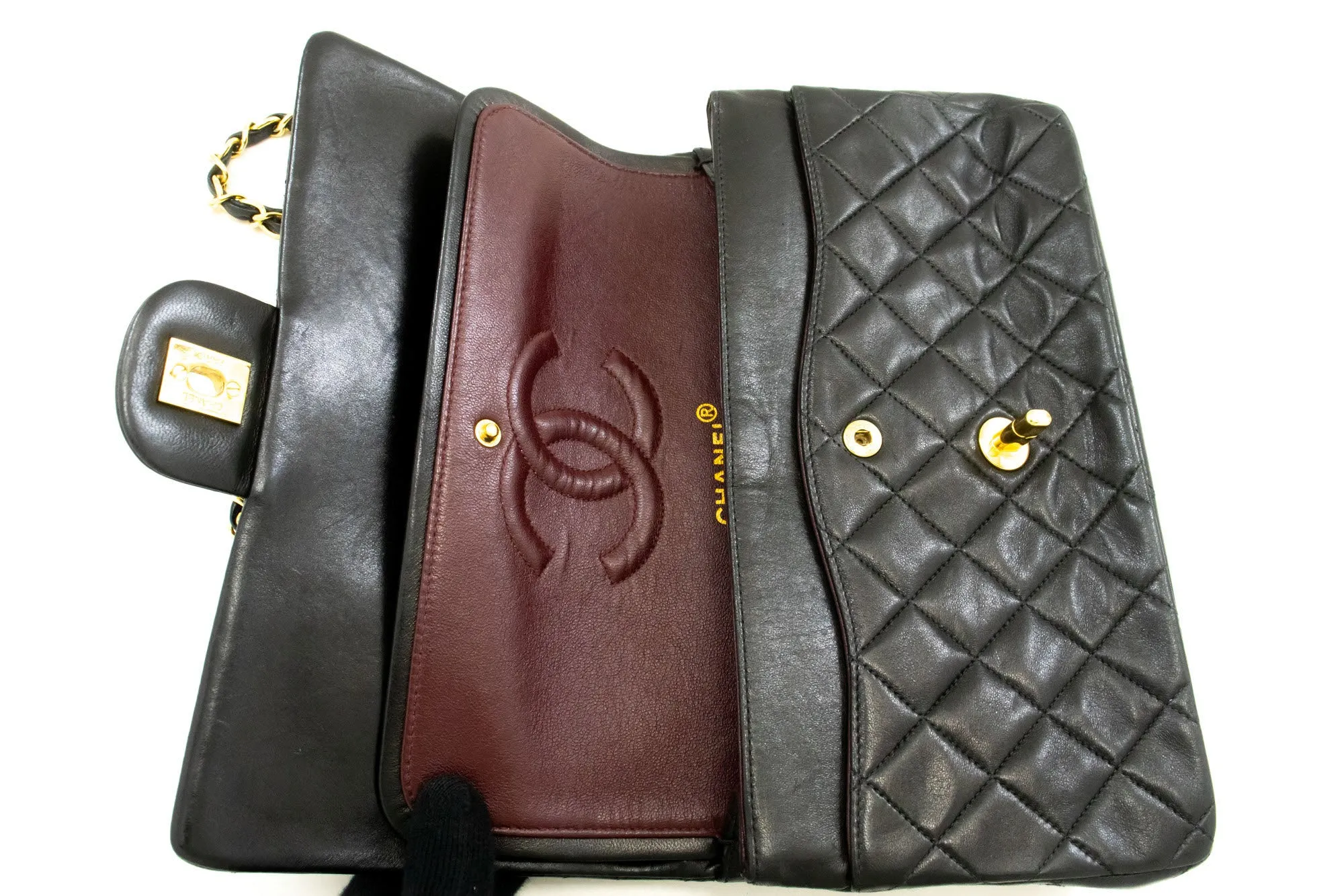 CHANEL Classic Double Flap 10" Chain Shoulder Bag Black Lambskin p36