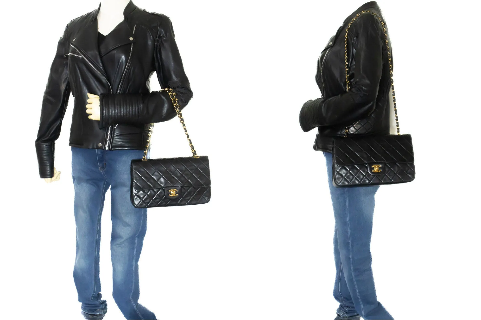 CHANEL Classic Double Flap 10" Chain Shoulder Bag Black Lambskin p36