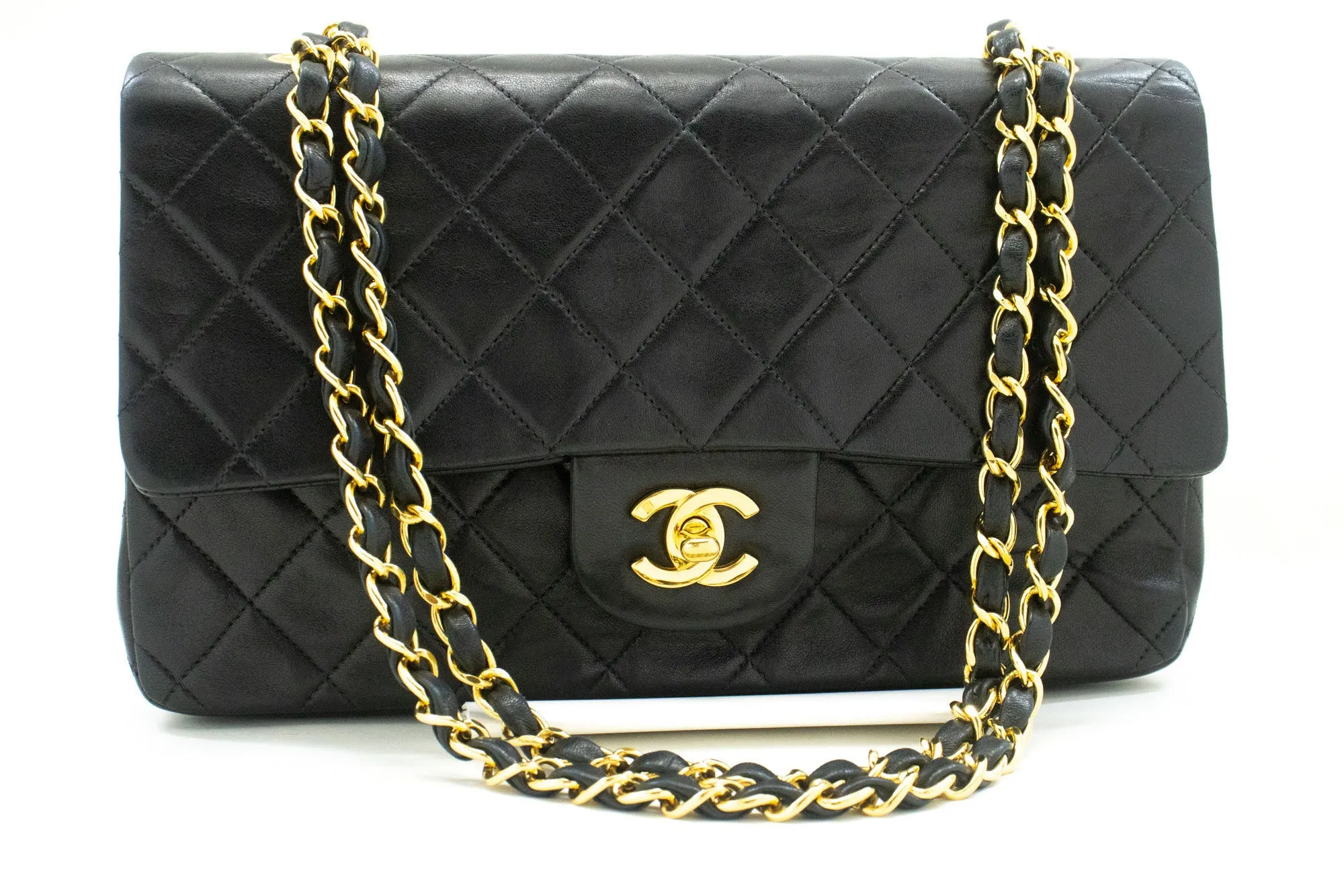 CHANEL Classic Double Flap 10" Chain Shoulder Bag Black Lambskin p36