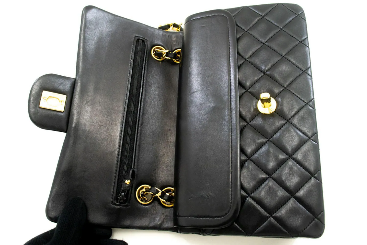 CHANEL Classic Double Flap 9" Chain Shoulder Bag Black Lambskin n92
