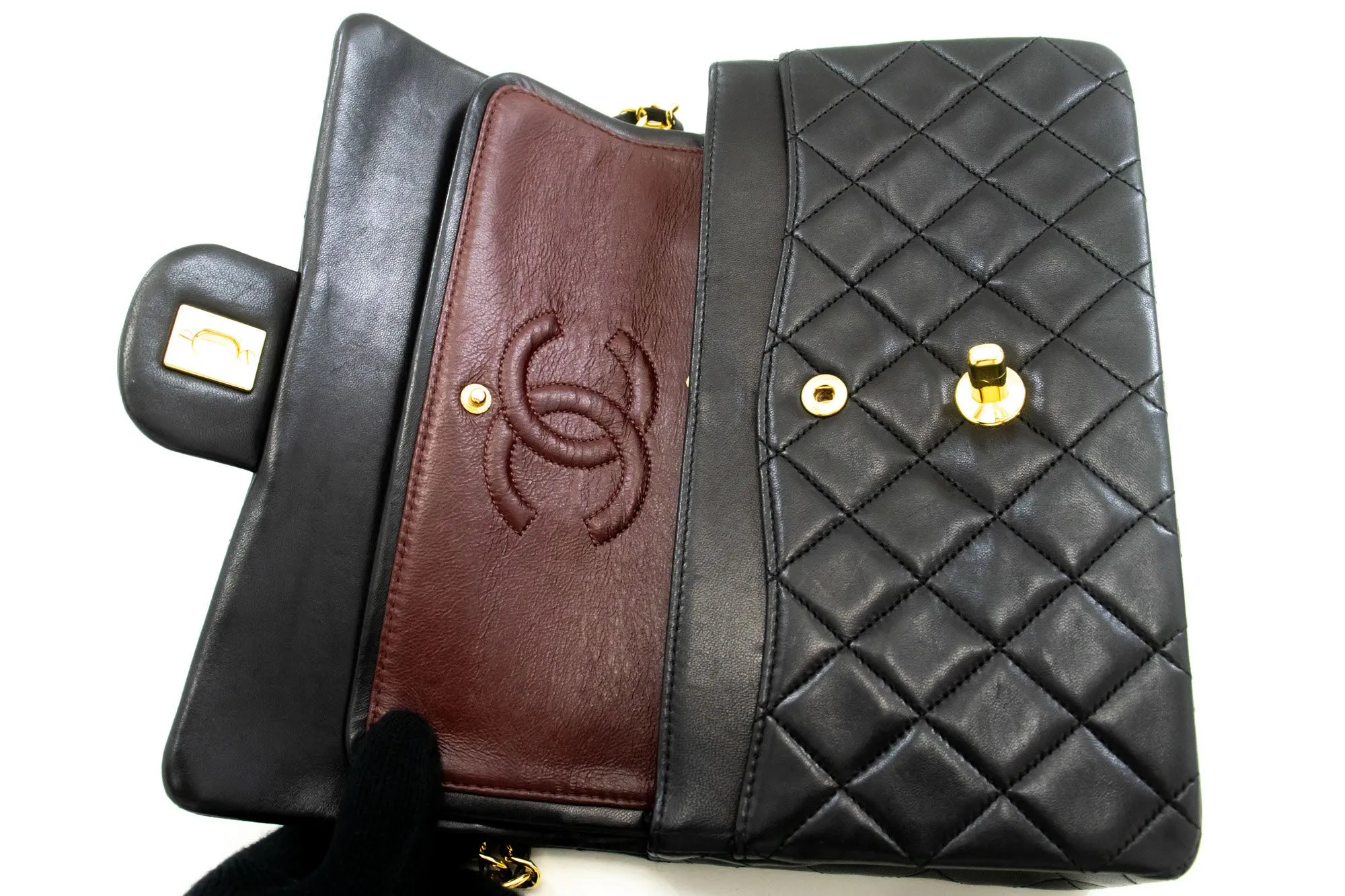 CHANEL Classic Double Flap 9" Chain Shoulder Bag Black Lambskin n92